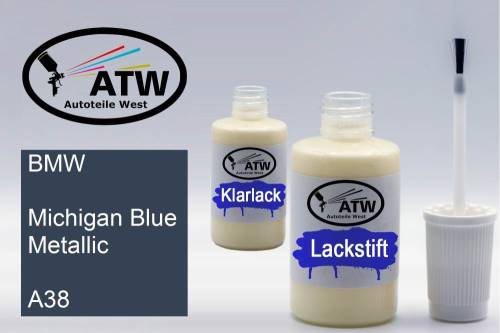 BMW, Michigan Blue Metallic, A38: 20ml Lackstift + 20ml Klarlack - Set, von ATW Autoteile West.